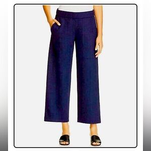 Eileen Fisher navy wool cropped wide leg pant with patch pockets elastic waist S